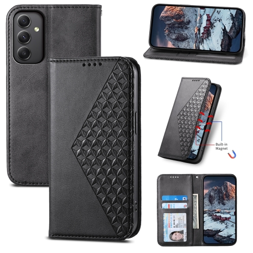 

For Samsung Galaxy A35 Cubic Grid Calf Texture Magnetic Leather Phone Case(Black)