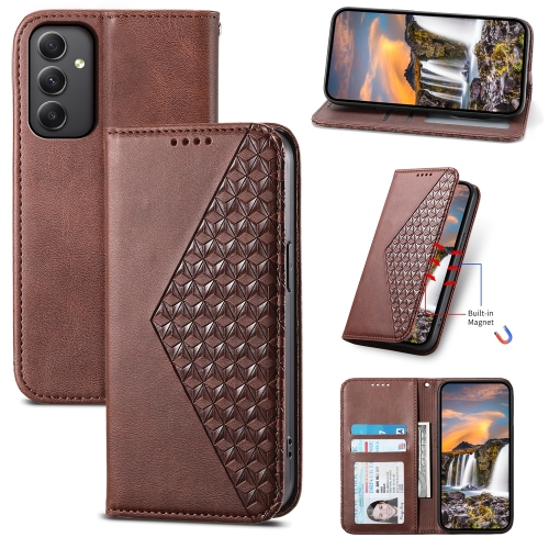 

For Samsung Galaxy A35 Cubic Grid Calf Texture Magnetic Leather Phone Case(Brown)