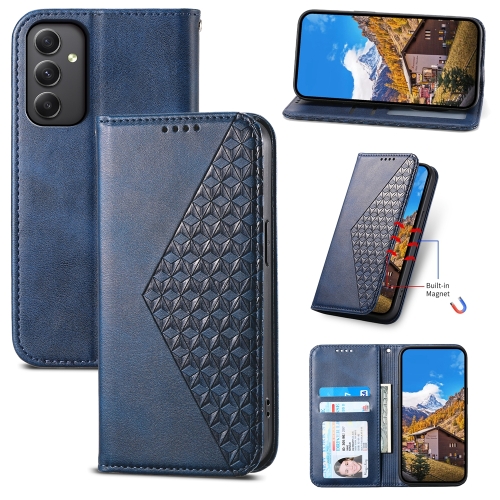 

For Samsung Galaxy A35 Cubic Grid Calf Texture Magnetic Leather Phone Case(Blue)