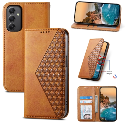 

For Samsung Galaxy A35 Cubic Grid Calf Texture Magnetic Leather Phone Case(Yellow)