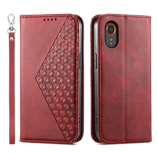 

For Samsung Galaxy Xcover 7 Cubic Grid Calf Texture Magnetic Leather Phone Case(Red)