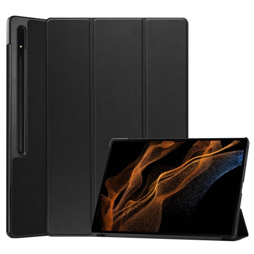

For Samsung Galaxy Tab S9 Ultra Custer Pure Color 3-Fold Holder Smart Leather Tablet Case(Black)