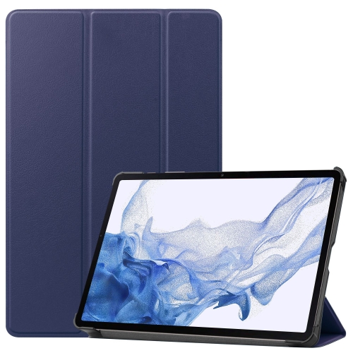 

For Samsung Galaxy Tab S9 Custer Pure Color 3-Fold Holder Smart Leather Tablet Case(Dark Blue)