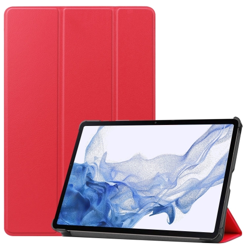 For Samsung Galaxy Tab S9 Custer Pure Color 3-Fold Holder Smart Leather Tablet Case(Red)