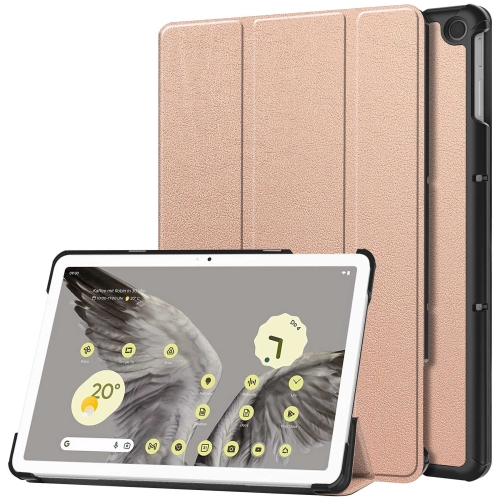 

For Google Pixel Tablet Custer Pure Color 3-Fold Holder Smart Leather Tablet Case(Rose Gold)