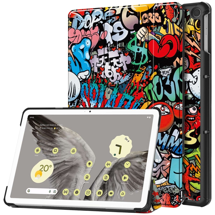 

For Google Pixel Tablet Custer Painted 3-Fold Holder Smart Leather Tablet Case(Graffiti)