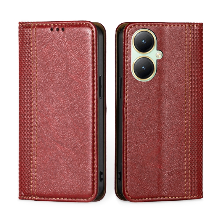 

For vivo Y35+ 5G Grid Texture Magnetic Flip Leather Phone Case(Red)