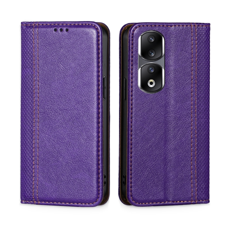 

For Honor 90 Pro 5G Grid Texture Magnetic Flip Leather Phone Case(Purple)