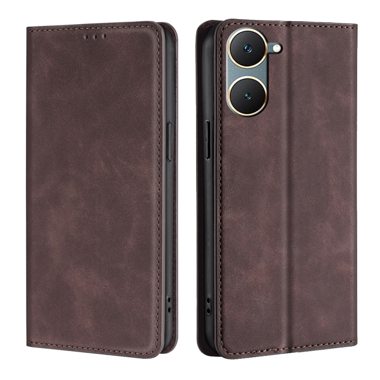 

For vivo Y03 4G Skin Feel Magnetic Leather Phone Case(Dark Brown)