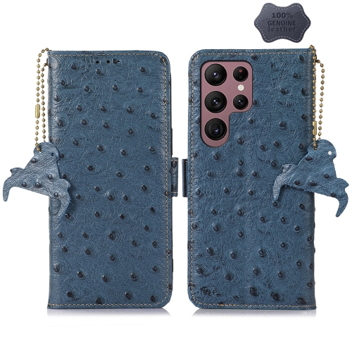 

For Samsung Galaxy S24 Ultra Ostrich Pattern Genuine Leather RFID Phone Case(Blue)
