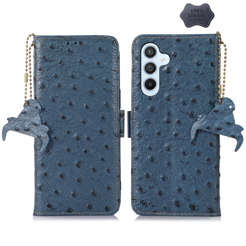 

For Samsung Galaxy A35 5G Ostrich Pattern Genuine Leather RFID Phone Case(Blue)