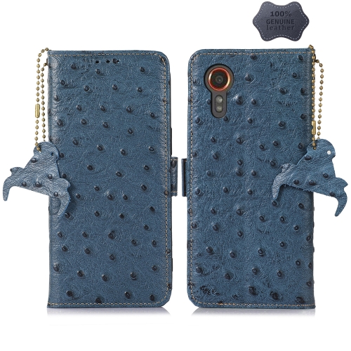 

For Samsung Galaxy Xcover 7 Ostrich Pattern Genuine Leather RFID Phone Case(Blue)