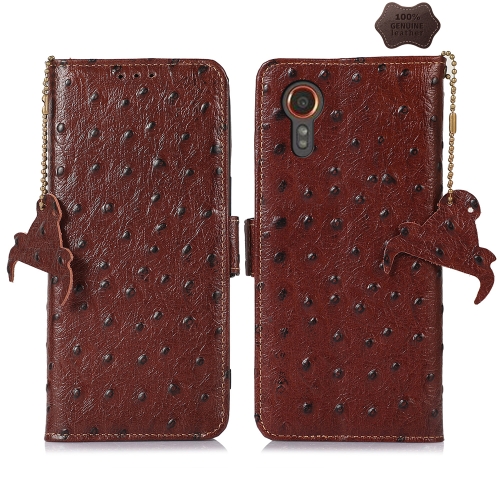 

For Samsung Galaxy Xcover 7 Ostrich Pattern Genuine Leather RFID Phone Case(Coffee)