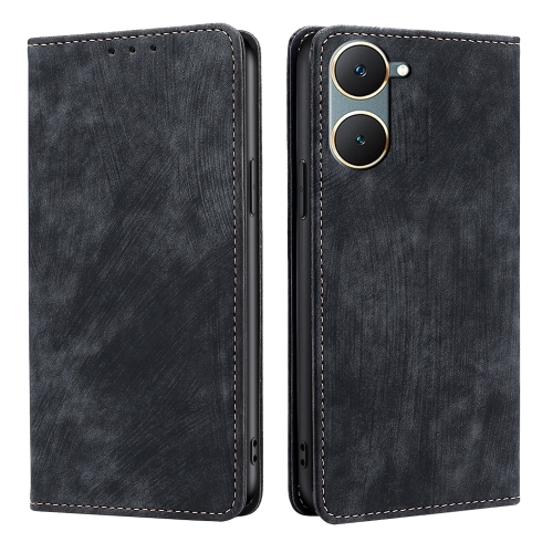 

For vivo Y03 4G RFID Anti-theft Brush Magnetic Leather Phone Case(Black)