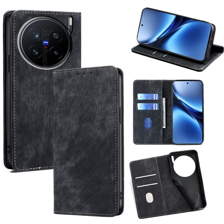

For vivo X200 Pro 5G RFID Anti-theft Brush Magnetic Leather Phone Case(Black)