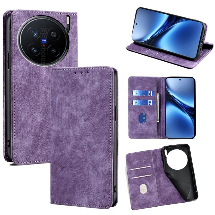 

For vivo X200 Pro 5G RFID Anti-theft Brush Magnetic Leather Phone Case(Purple)