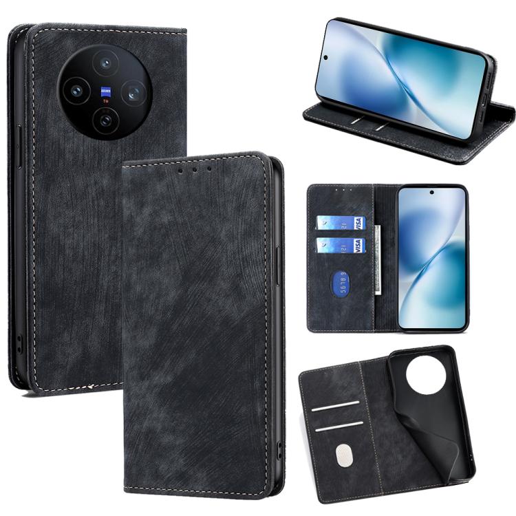 

For vivo X200s 5G RFID Anti-theft Brush Magnetic Leather Phone Case(Black)