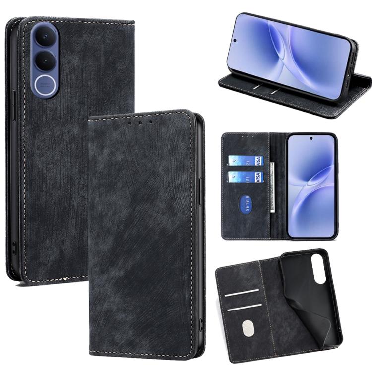 

For vivo V70 FE 5G RFID Anti-theft Brush Magnetic Leather Phone Case(Black)