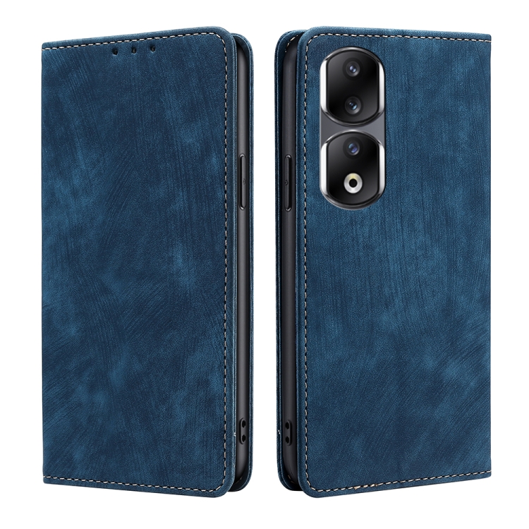 

For Honor 90 Pro 5G RFID Anti-theft Brush Magnetic Leather Phone Case(Blue)