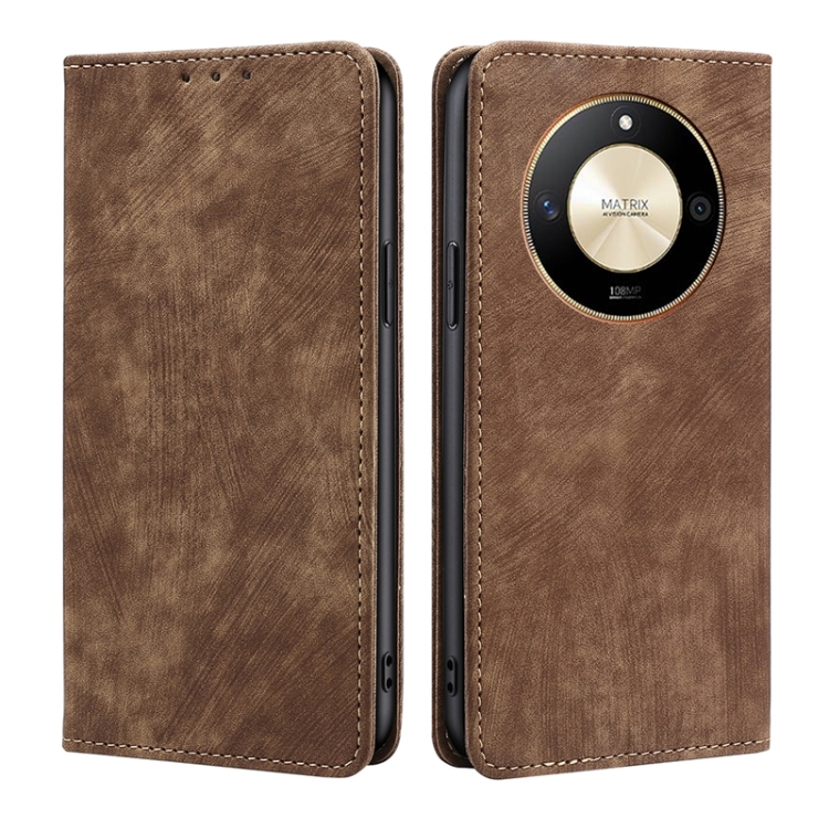 

For Honor X50 5G RFID Anti-theft Brush Magnetic Leather Phone Case(Brown)