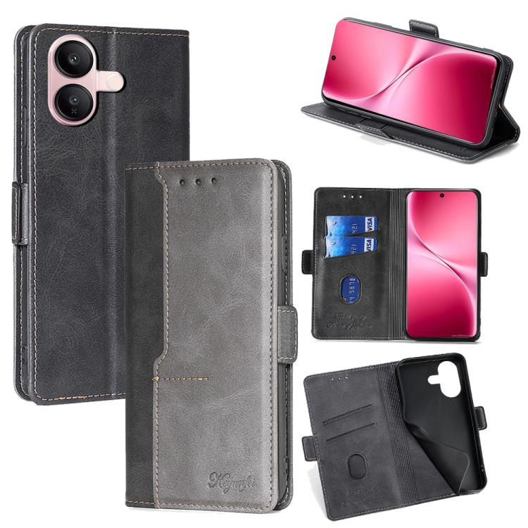 

For vivo V60 Lite 5G Global Contrast Color Side Buckle Leather Phone Case(Black + Grey)