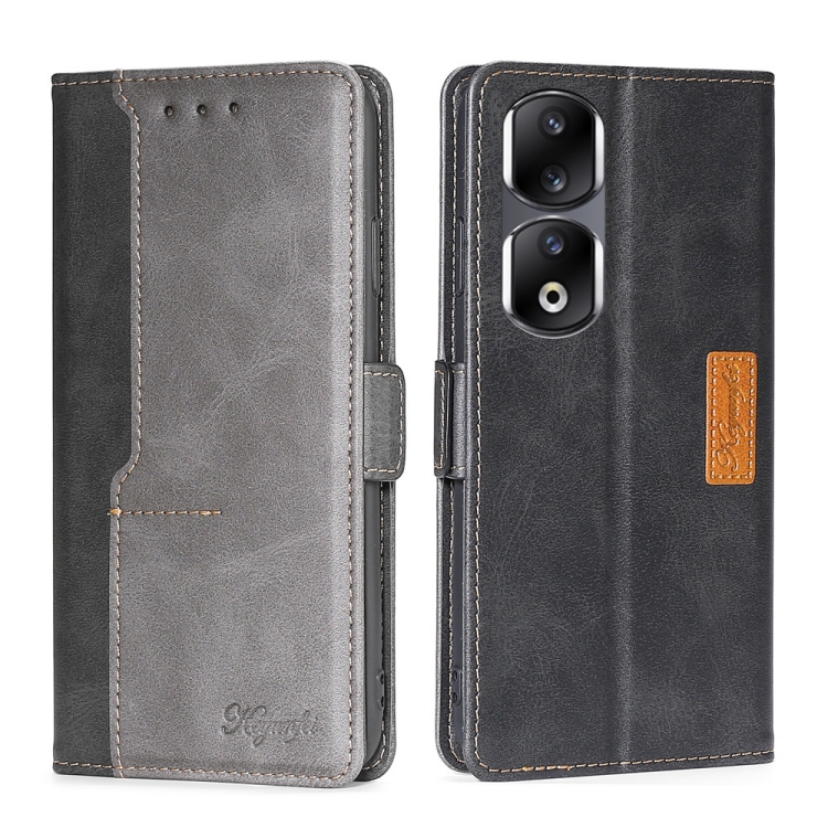 

For Honor 90 Pro 5G Contrast Color Side Buckle Leather Phone Case(Black + Grey)