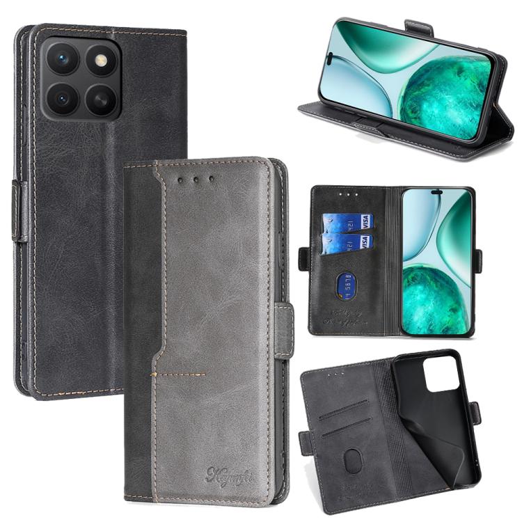 

For Honor X8c 4G Contrast Color Side Buckle Leather Phone Case(Black + Grey)