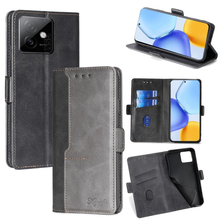 

For Honor X60 GT 5G Contrast Color Side Buckle Leather Phone Case(Black + Grey)