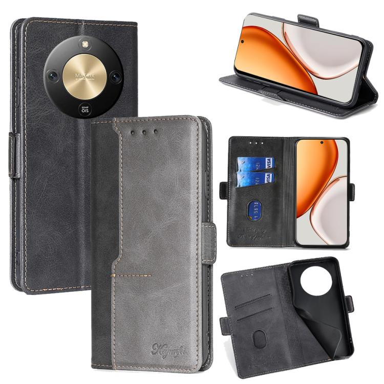 

For Honor X70 5G Contrast Color Side Buckle Leather Phone Case(Black + Grey)