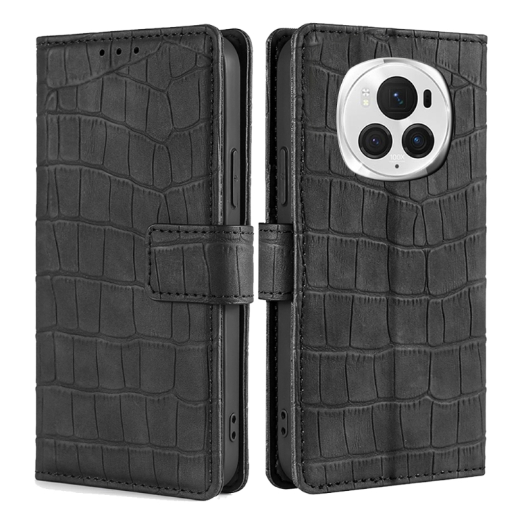 

For Honor Magic6 Pro 5G Skin Feel Crocodile Magnetic Clasp Leather Phone Case(Black)