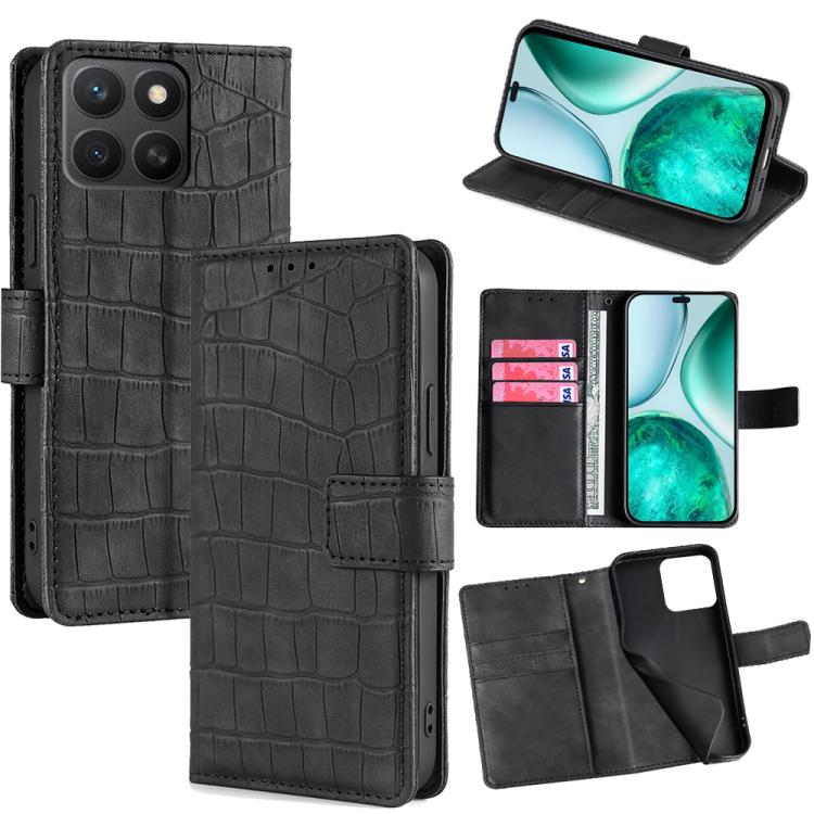 

For Honor X8c 4G Skin Feel Crocodile Magnetic Clasp Leather Phone Case(Black)