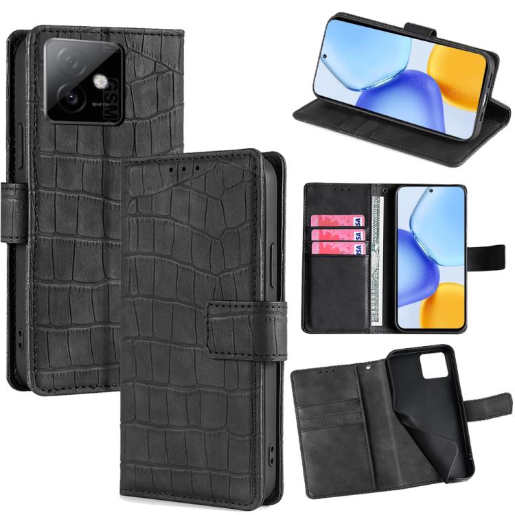 

For Honor X60 GT 5G Skin Feel Crocodile Magnetic Clasp Leather Phone Case(Black)