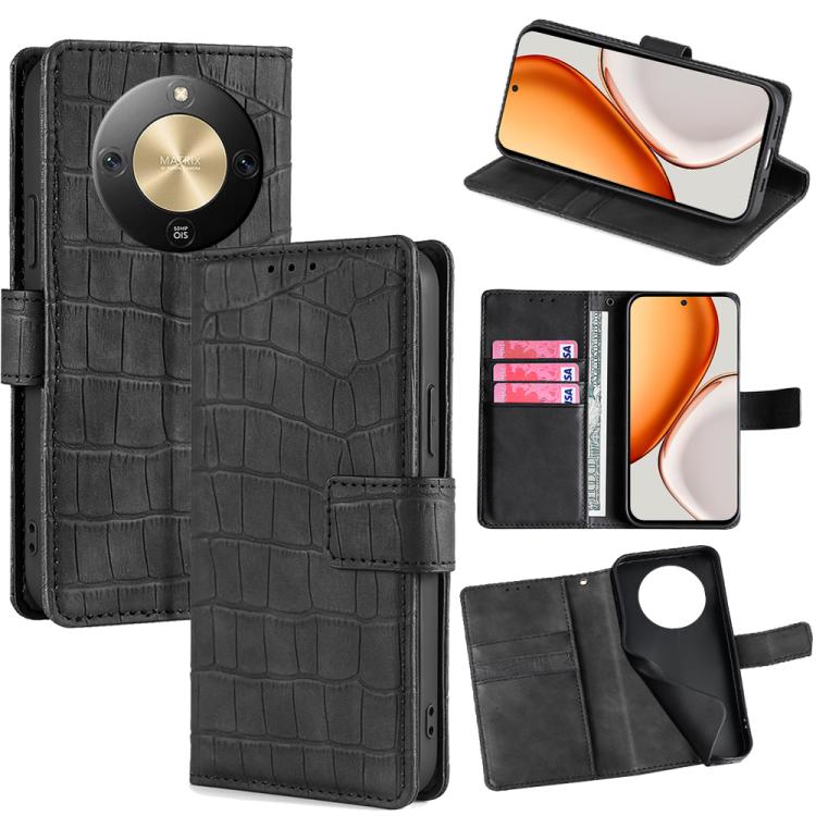 

For Honor X70 5G Skin Feel Crocodile Magnetic Clasp Leather Phone Case(Black)