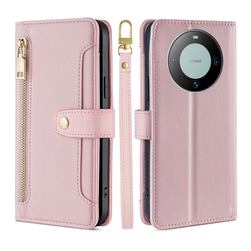 

For Huawei Mate 60 Lite Sheep Texture Cross-body Zipper Wallet Leather Phone Case(Pink)