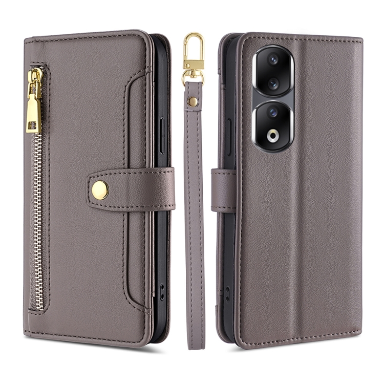 

For Honor 90 Pro 5G Lite Sheep Texture Cross-body Zipper Wallet Leather Phone Case(Grey)