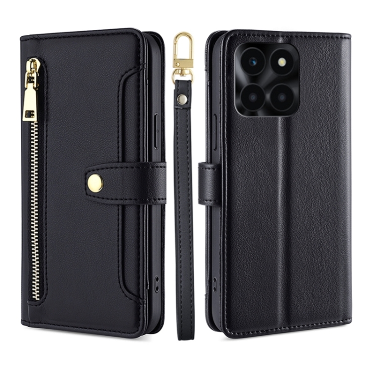 

For Honor X6a 4G Sheep Texture Cross-body Zipper Wallet Leather Phone Case(Black)