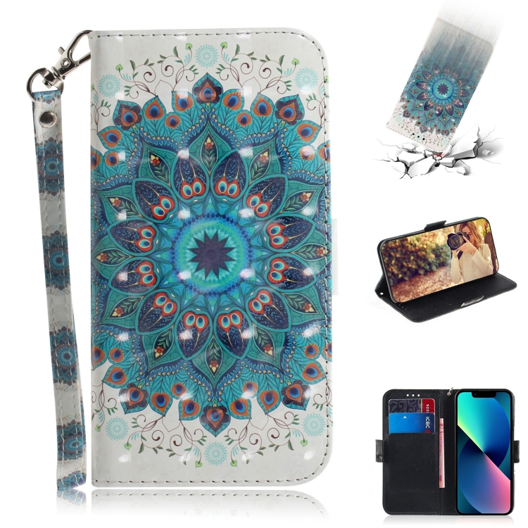 

For iPhone 15 Plus 3D Colored Horizontal Flip Leather Phone Case(Peacock Wreath)