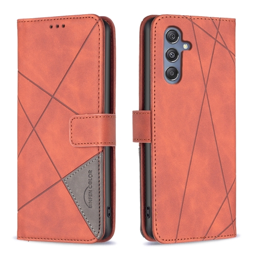 

For Samsung Galaxy M34 5G Magnetic Buckle Rhombus Texture Leather Phone Case(Brown)