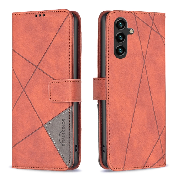 

For Samsung Galaxy A35 Magnetic Buckle Rhombus Texture Leather Phone Case(Brown)