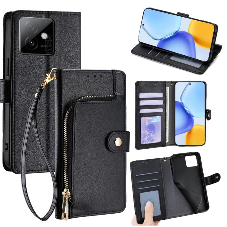 

For Honor X60 GT 5G Zipper Bag Leather Phone Case(Black)