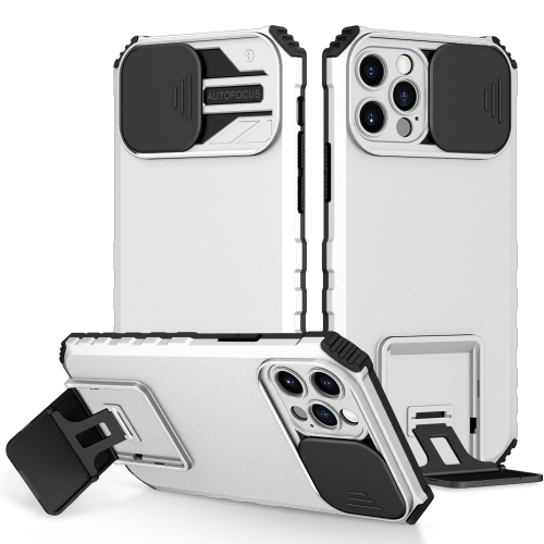 For iPhone 15 Pro Max Stereoscopic Holder Sliding Camshield Phone Case(White)