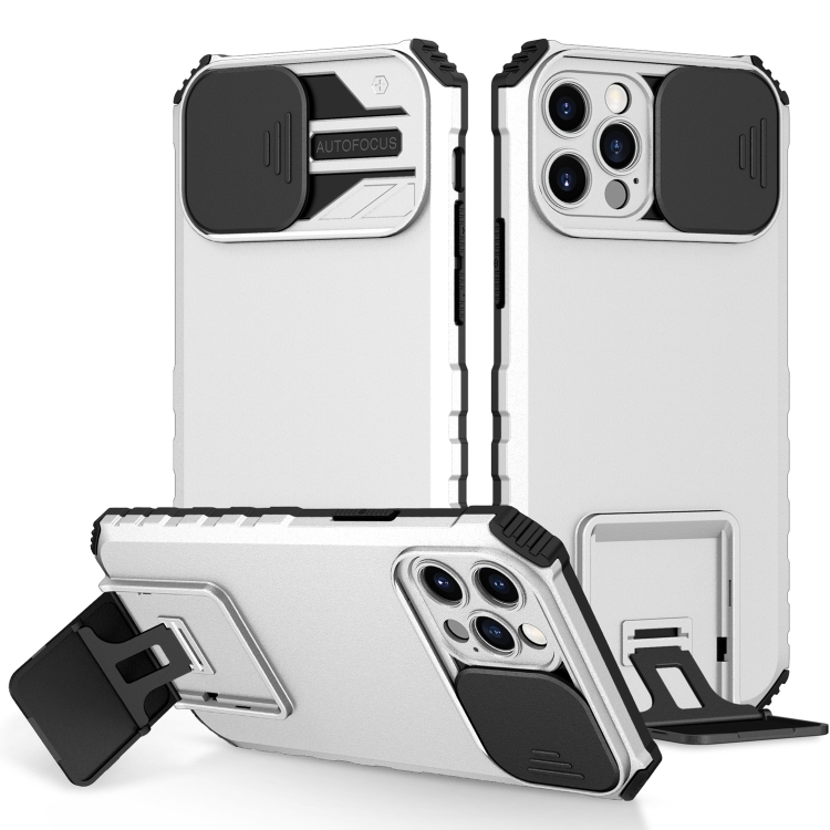 

For iPhone 15 Pro Stereoscopic Holder Sliding Camshield Phone Case(White)