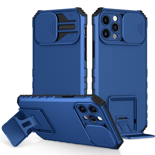 For iPhone 15 Pro Stereoscopic Holder Sliding Camshield Phone Case(Blue) for iphone 15 pro max skin feel lens holder pc tpu phone case dark purple