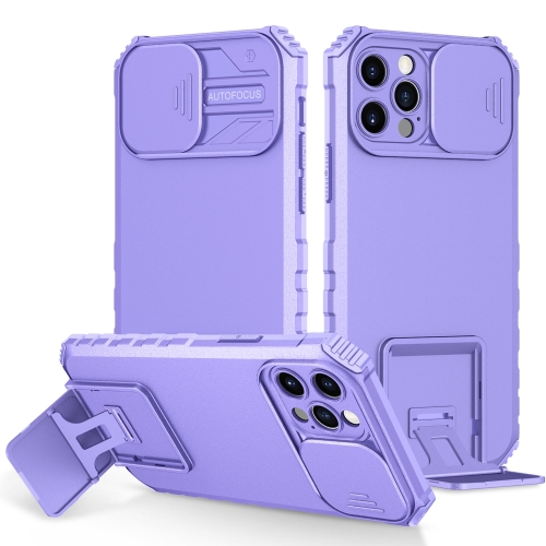 

For iPhone 15 Pro Stereoscopic Holder Sliding Camshield Phone Case(Purple)