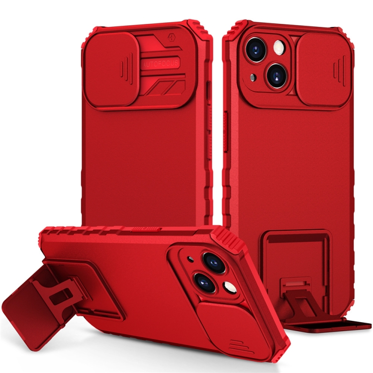 

For iPhone 15 Plus Stereoscopic Holder Sliding Camshield Phone Case(Red)