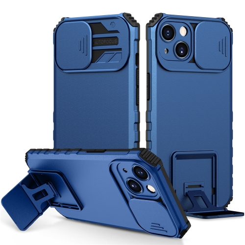 For iPhone 15 Plus Stereoscopic Holder Sliding Camshield Phone Case(Blue)