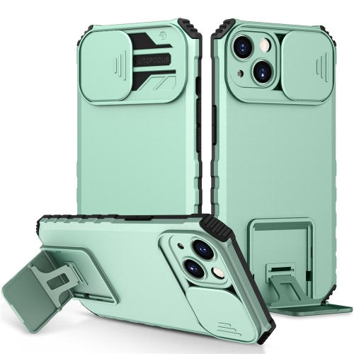 

For iPhone 15 Plus Stereoscopic Holder Sliding Camshield Phone Case(Light Blue)