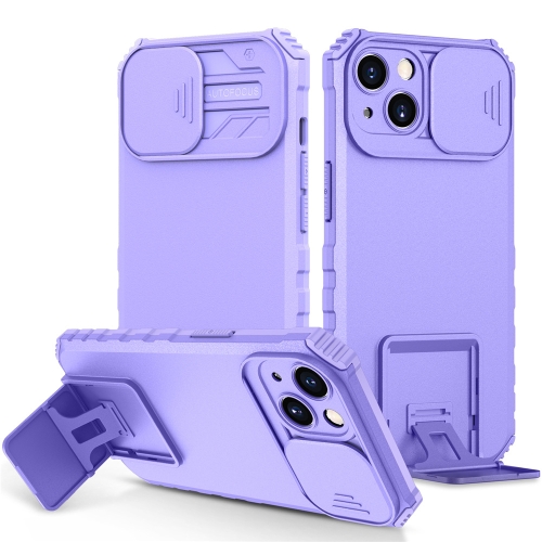 

For iPhone 15 Plus Stereoscopic Holder Sliding Camshield Phone Case(Purple)