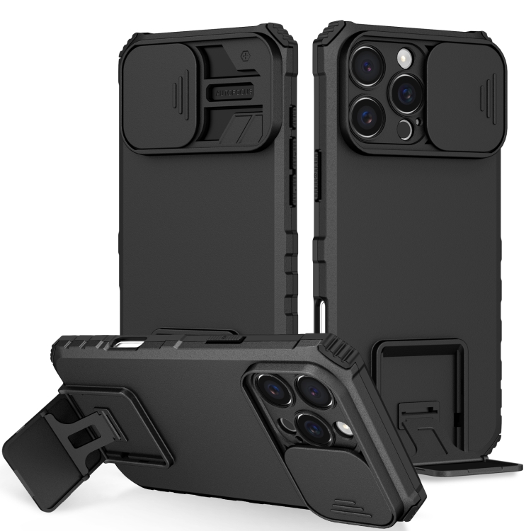 

For iPhone 16 Pro Stereoscopic Holder Sliding Camshield Phone Case(Black)