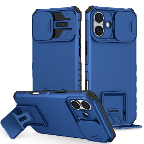 

For iPhone 16 Plus Stereoscopic Holder Sliding Camshield Phone Case(Blue)